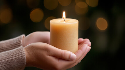 Woman cupping softly glowing candle, generating warm ambiance with golden blurred background illuminating delicate hands