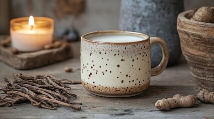 Fototapeta premium A minimalistic scene featuring a speckled ceramic cup filled with milk, surrounded by a lit candle, wooden elements, and natural decor