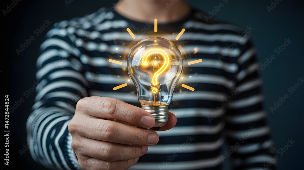 Poster man holding glowing light bulb with question mark inside representing creative thinking and curiosit