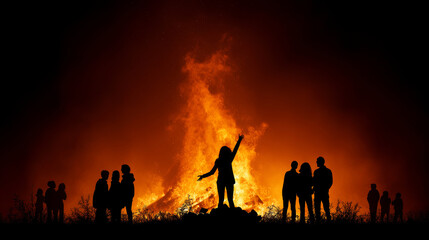 People silhouettes gathering and dancing around a large bonfire at night, celebrating a traditional midsummer festival