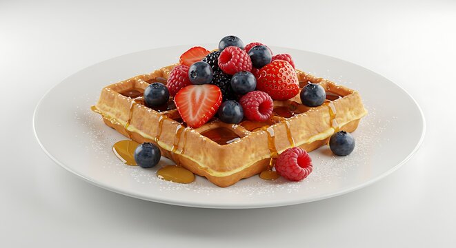 High-Resolution Image of Golden Belgian Waffle Garnished with Mixed Berries and Syrup on Seamless White Backdrop under Soft Diffused Light