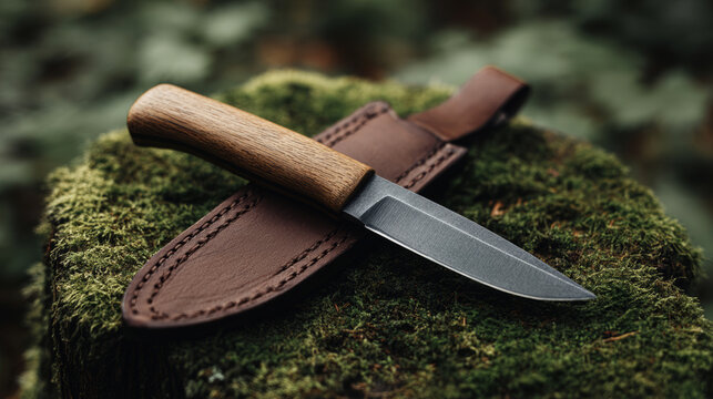Bushcraft knife with wooden handle lying on leather sheath atop moss covered tree stump, highlighting wilderness survival gear in natural setting