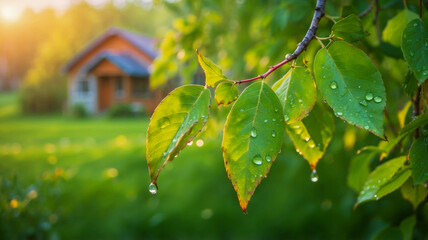 Fresh green leaves with water droplets after rain at sunrise.