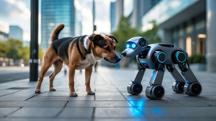 Real dog sniffs futuristic robot dog on street.