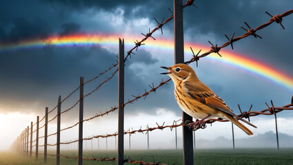 Singing bird on barbed wire with rainbow in background