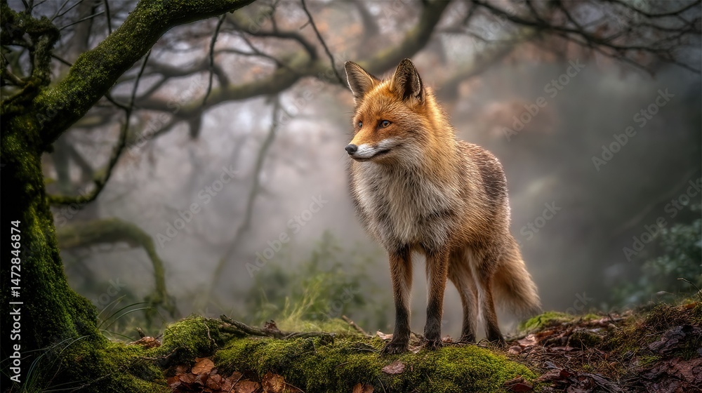 Poster red fox atop verdant forest with dense greenery and mossy tree coverage