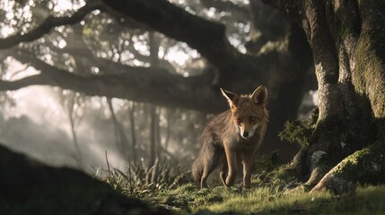   A fox standing beside a tall tree on a verdant forest carpeted with numerous leaves and mossy grass
