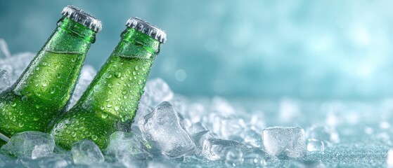 Chilled refreshment green glass bottles amidst ice cubes