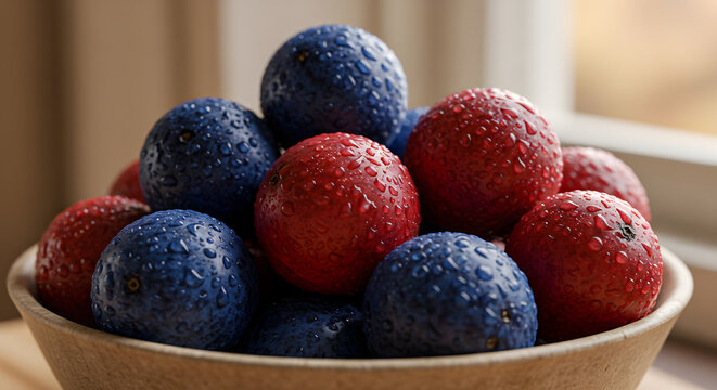 Freshly Washed Bowl Of Red And Blue Berries Displayed Near A Window