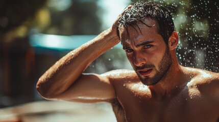 Man with Wet Hair and Bare Torso Reaching Upwards with Water Splashing in Natural Light