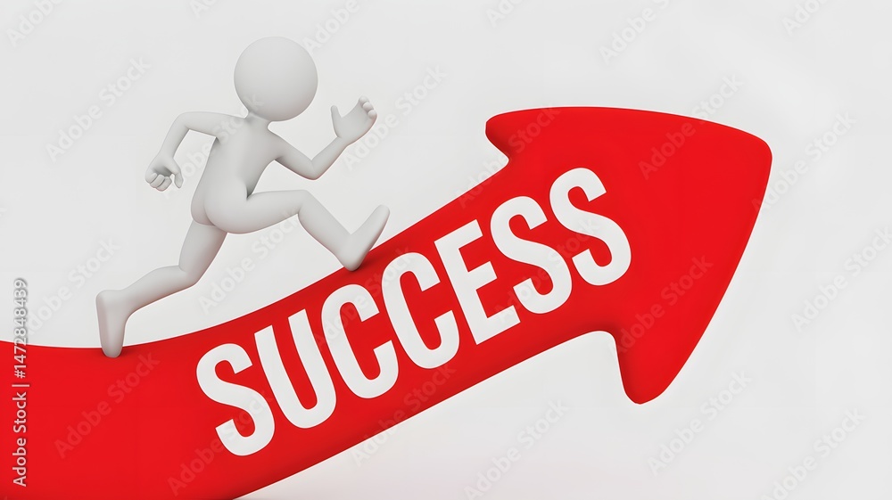 Poster 3d character running up red arrow with success text representing motivation achievement progress and