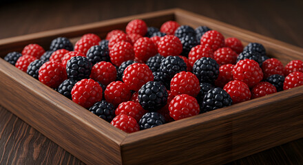 Artisanal Wooden Tray Featuring a Vivid Mix of Raspberries and Blackberries