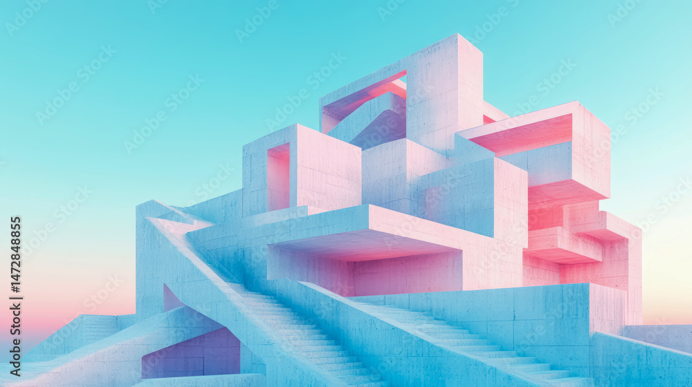 Poster minimalist architecture: a futuristic structure of concrete blocks and stairs, bathed in a soft past