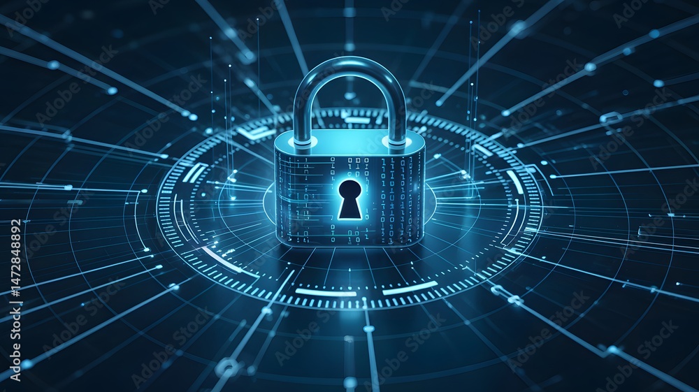 Poster cybersecurity concept with digital padlock surrounded by network connections representing data prote