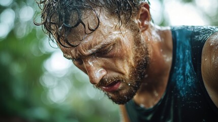 Man with Wet Hair and Beard Outdoors after a Strenuous Workout