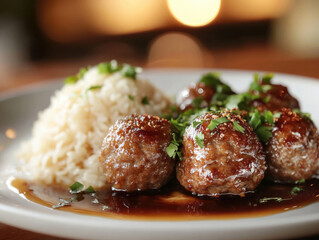 Appetizing meatballs served with rice