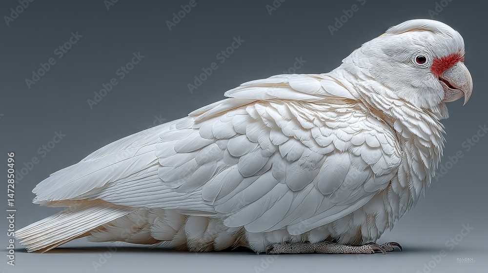 Poster a zoomed-in image of a pure white bird perched against a gray backdrop with a striking red mark on i