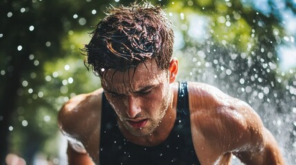 Exhausted Male Athlete Cooling Down in a Spray of Water After a Training Session Outdoors