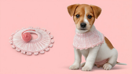 Cute puppy wearing pink collar and plate