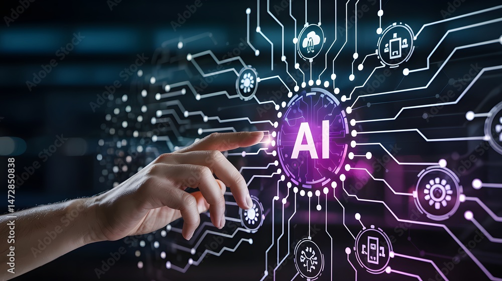 Poster hand pointing at glowing ai icon surrounded by digital connections representing artificial intellige