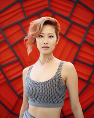 Woman portrait against red geometric background
