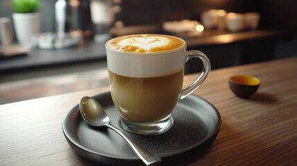 Coffee drink in glass cup on tray