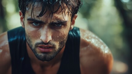 Determined Latino man sweaty from hard workout stares intently at camera