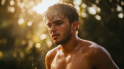 Sweaty Shirtless Indian Man Resting After Intense Outdoor Workout