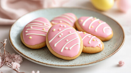 Pink iced easter egg shaped cookies on plate