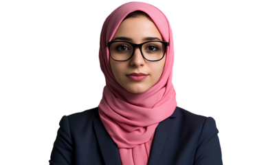  A Malay lady wearing a pink blazer and hijab, glasses, a professional photo, transparent background PNG with a white color in the middle of it  