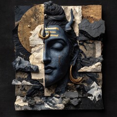 A multifaceted artistic depiction of a deity, sculpted from various materials.