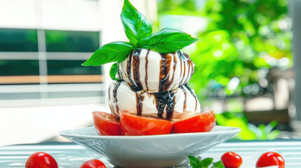 Chocolate mozzarella dessert with basil and tomatoes