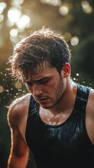 Man Sweating Profusely after Intense Workout with Water Droplets on his Face