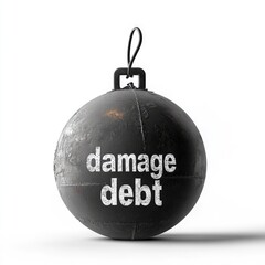 Heavy weight of damage and debt.  A dark, rusty sphere,  representing financial burden, hangs suspended