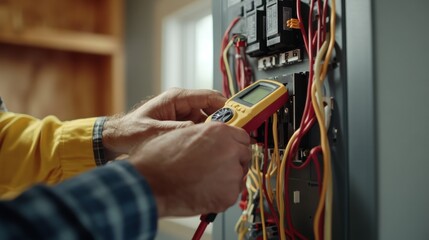 Electrician using a digital multimeter to test electrical panel