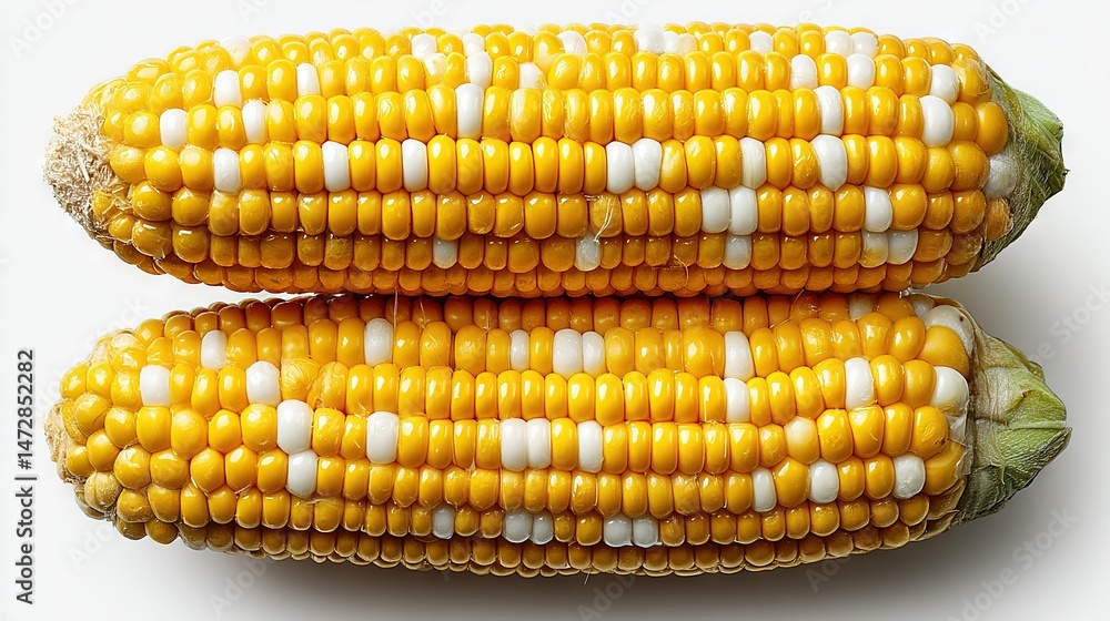 Poster two corns on the cob with yellow and white kernels on a white backdrop