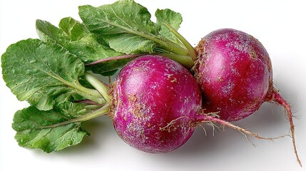   A pair of radishes rest beside green foliage on a white background