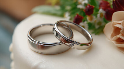 Wedding rings on cake top closeup