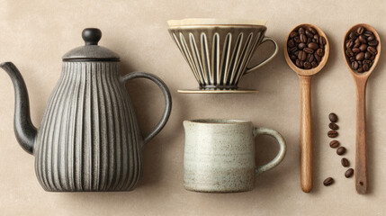 Coffee preparation tools flat lay
