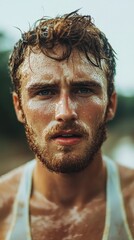 Close-up of a Red-Haired Man with Blue Eyes Covered in Sweat