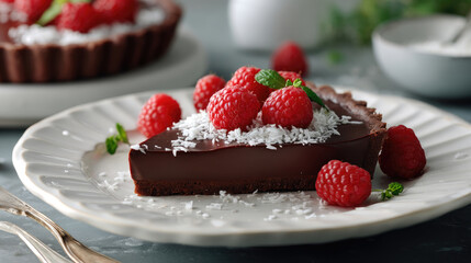 Chocolate tart with raspberries and coconut