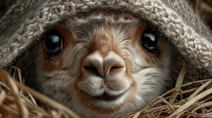 Obraz premium A close-up of a llama's face under a blanket, with hay in the background