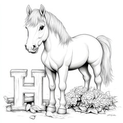Grayscale illustration of a horse and letter h