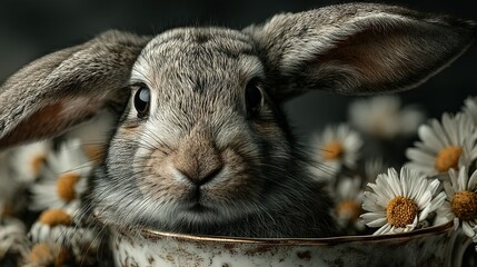   A rabbit in a bowl with daisies in front of a black background