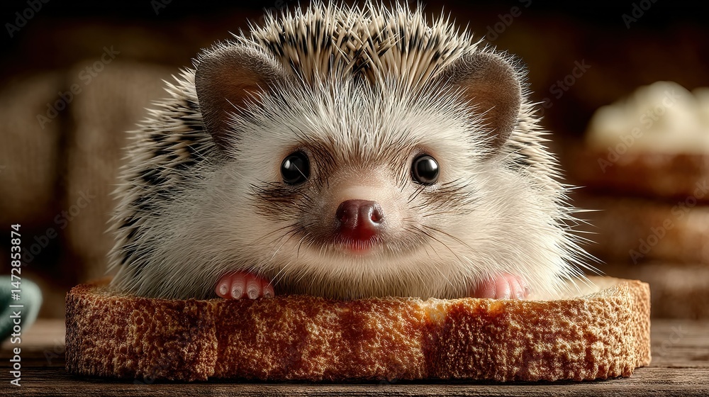 Poster a hedgehog sitting on a slice of bread with a bite missing from its face