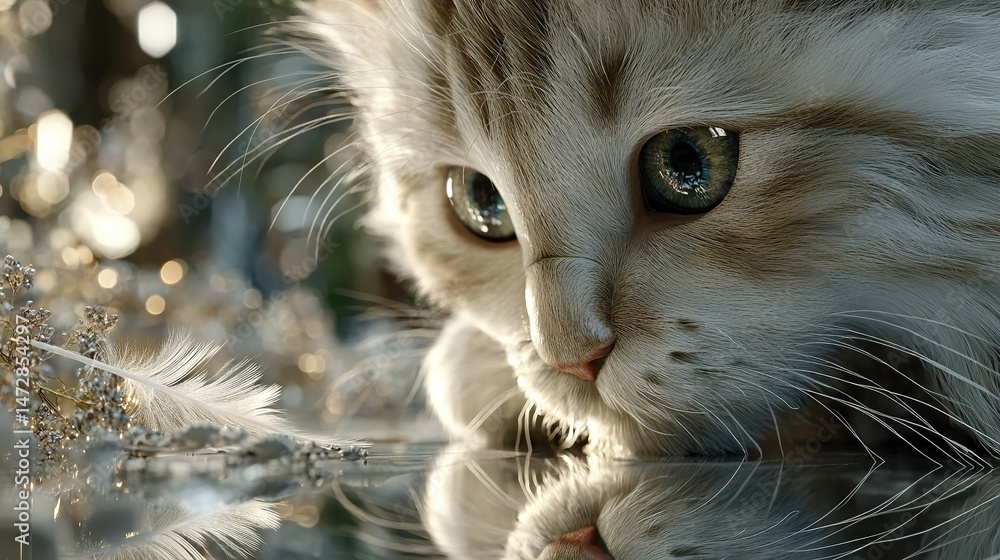 Poster a cat's face is in focus while a feather is placed in the foreground, with a soft blur in the backgr