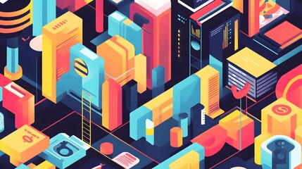 Isometric City Illustration: An artistic illustration of a vibrant metropolis from a unique perspective, showcasing buildings of diverse shapes and structures, creating a modern cityscape.
