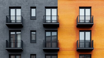 Obraz premium This image showcases a striking contrast between a dark facade and a bright orange side of a modern building, reflecting innovative architectural design and contemporary urban aesthetics.