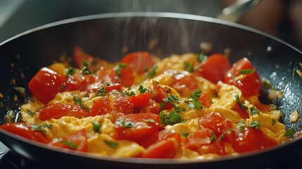 Fototapeta premium Delicious scrambled eggs with tomatoes and parsley healthy breakfast recipe eat red hot pan food meal