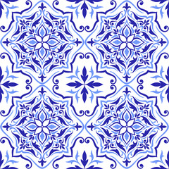 Mediterranean seamless pattern with blue tiles, white background. Abstract mosaic design. Portuguese, Italian, Spanish motifs. Floral ornament, print for home textile or ceramic. Vector illustration